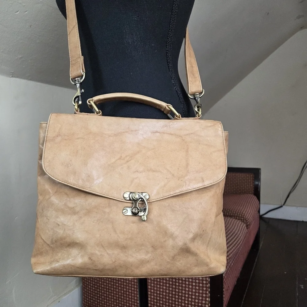 Bolla Genuine Leather Satchel Crossbody Tan Distressed VTG Style Brass Hardware
